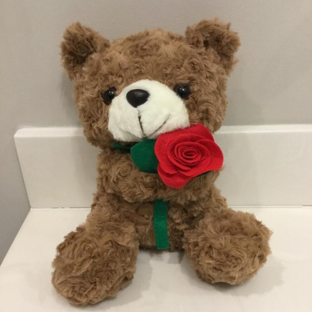 Adorable Brown Teddy Bear Plush Toy Hugging a Red Rose NWT
